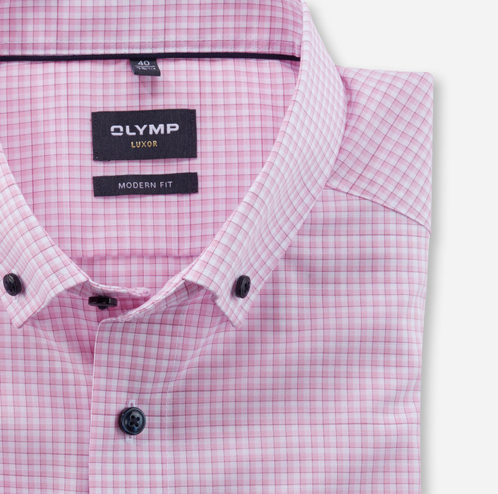 Koszula OLYMP Luxor, modern fit, Różowa krateczka/  Button-down / 12533230 krótki rękaw