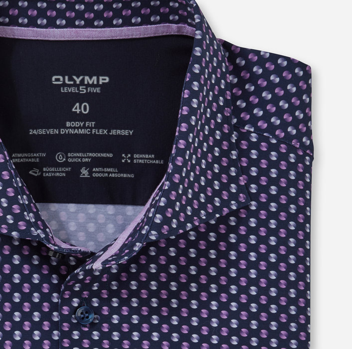 Koszula OLYMP Level Five body fit / Granatowa w kółeczka / Kent / 20153281 krótki rękaw