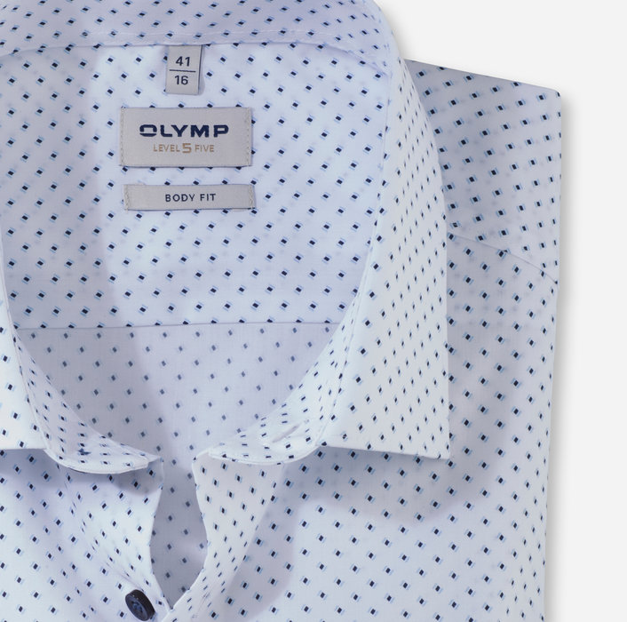 Koszula OLYMP Level Five body fit/ Biała w niebieskie wzorki /  New York Kent /SKW 20045411