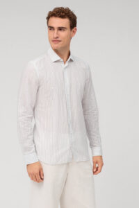 Koszula OLYMP Level Five garment washed body fit / Szare pasy/ Kent / 21025463 Len/Cotton